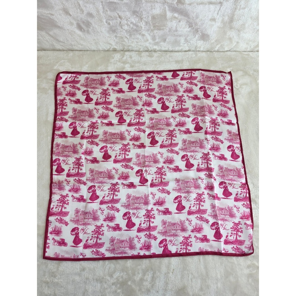 Vintage Style Toile de Jouy Square‎ Scarf Pink White Pastoral Print Monogram FL